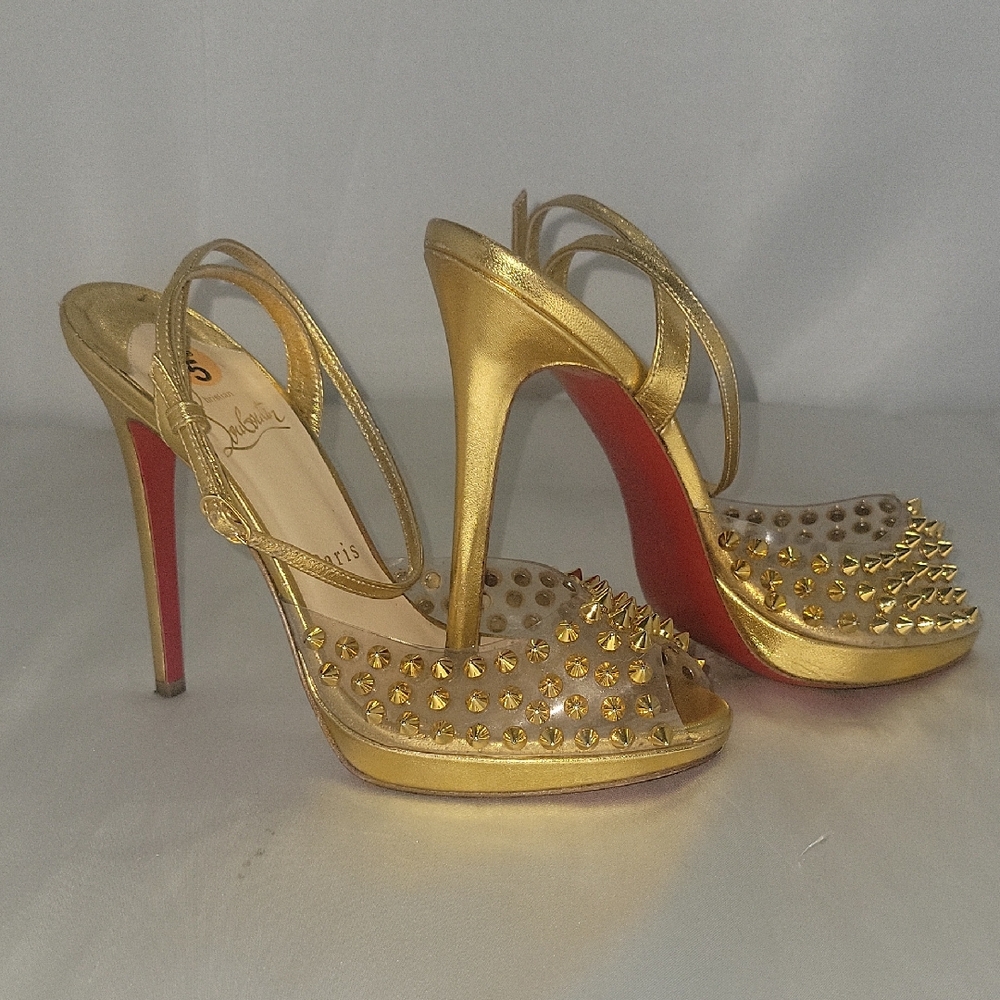 Christian Louboutin Gold Leather/PVC Spiked/St Jeannette Ankle Strap  Size 5